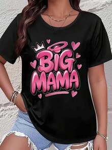 Women's Black T-Shirt With Big Mama Pink Graphic Print And Hearts, Casual Loose Fit Top For Everyday Wear, Mother's Day Gift, Streetwear Style
