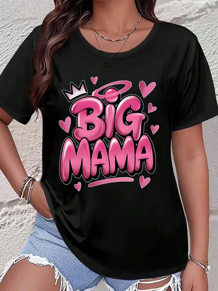 Women's Black T-Shirt With Big Mama Pink Graphic Print And Hearts, Casual Loose Fit Top For Everyday Wear, Mother's Day Gift, Streetwear Style