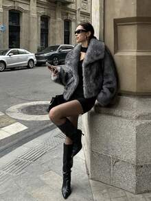 Luxurious Vintage Fashion Women's Thick Warm Jacket With Faux Fur Collar, Winter Coat, Soft Plush Fur - Grey - View 7