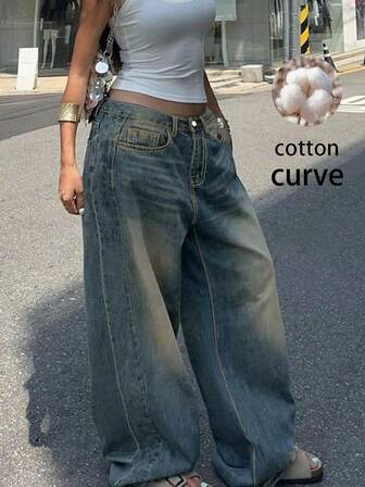 Pantaloni maxi din denim, stil retro, casual, lejer, cu picior drept, mărime plus, la modă și versatili