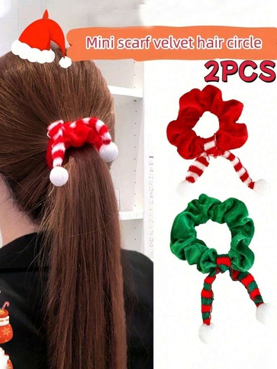 2pcs Christmas Hair Scrunchies With Fluffy Bow - Holiday Fabric Scrunchies, Suitable For Holiday Celebrations, Cute & Sweet Style, Red And Green,Gifts,Travel,Gifts For Women,Hair Stuff,Stocking Stuffers
