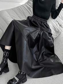 Women's Black Faux Leather PU Solid Color Casual Pocket Maxi Skirt, Suitable For Daily Wear And Street Style, All Seasons