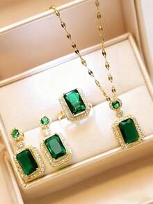 European American Style Jewelry Set Diamond Earring With Niche Design Ring Necklace Matching Jewelry Chain - Gold - View 2