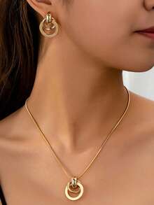 1 Set Fashionable Geometric Circle Metal Necklace & Earrings Jewelry Set, Gift For Girlfriend Or Best Friend