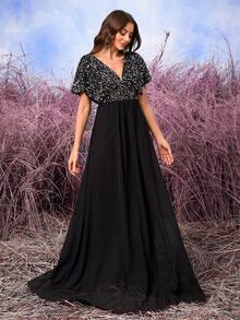 UNITHORSE Elegant V-Neck Raglan Sleeve Sequin Patchwork Chiffon Ruffle Design Graceful Flowy Chiffon Dress - Black - View 5