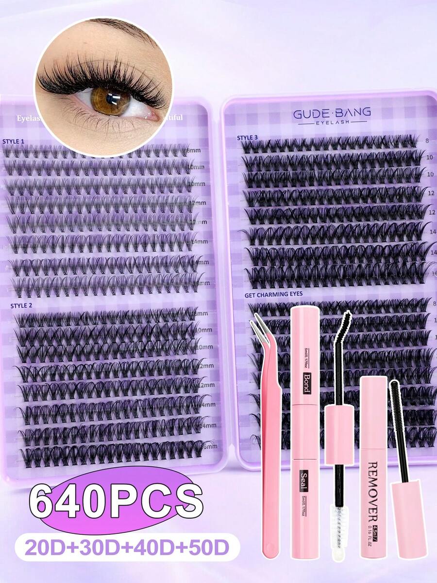 640pcs Eyelash Extension Kit (20D+30D+40D+50D), Includes Lashes, Glue, Remover And Tools, Professional DIY Mink Lashes For Salon-Like Lash Experience At Home