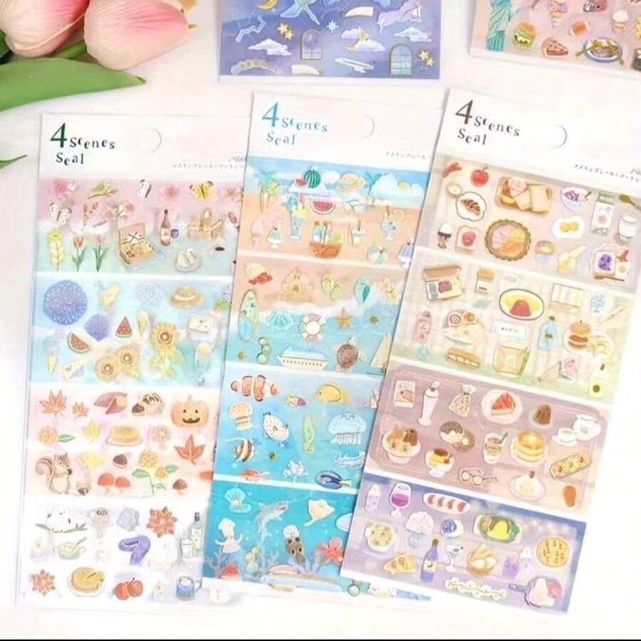 3pcs Random Creative Golden Foil Beach Season Travel Food Stickers Scrapbooking Journal Sticker Stationery Decor Aesthetic Gift