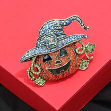 1 pieza Broche decorativo de mujer con sombrero de bruja de cristal y cara de calabaza, regalo de Halloween