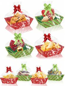 12pcs Christmas Party Baskets With Cellophane Bags, With Transparent Bags, Bows, Gift Baskets For Gifts Empty, Suitable For Christmas, Table Decorations, Birthdays, Wedding Parties - Multicolor - View 5