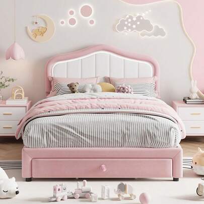 Upholstered Twin Size  Bed Frame With Storage Drawer, Velvet Princess Platform Bed Frame For Kids, Wooden Slats Support, No Box Spring Needed, Easy Assembly