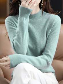 100% 美利奴羊毛女士毛衣柔软保暖立领套头衫秋冬毛衣单线无缝毛衣 - 薄荷綠 - 查看 3
