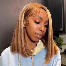 YGQWD 14inch Straight Short Bob 200% Density 13x4 427 Blonde Wig Human Hair Heat Pertence Highligh Lace Front Wig New Fall Fashion Women Highlight Human Hair Wig Blended Hair Clavicle Hair Wig - 間色 - 查看 6