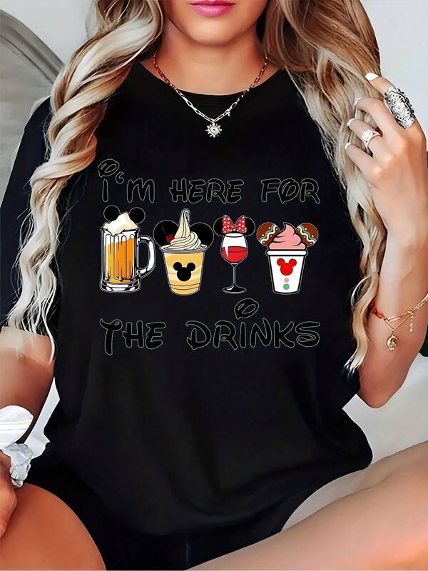 Disney Mickey Mouse And Minnie Mouse Drinks Graphic Print Women's Casual T-Shirt For Parties And Vacations
