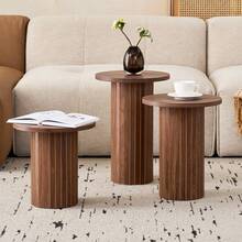 3-Piece Nesting Coffee Table Set, Modern Small Round Wood Side Tables, Fluted Drum Base, For Living Room, Bedroom, Apartment, Small Space, Sofa - 棕色 - 查看 7