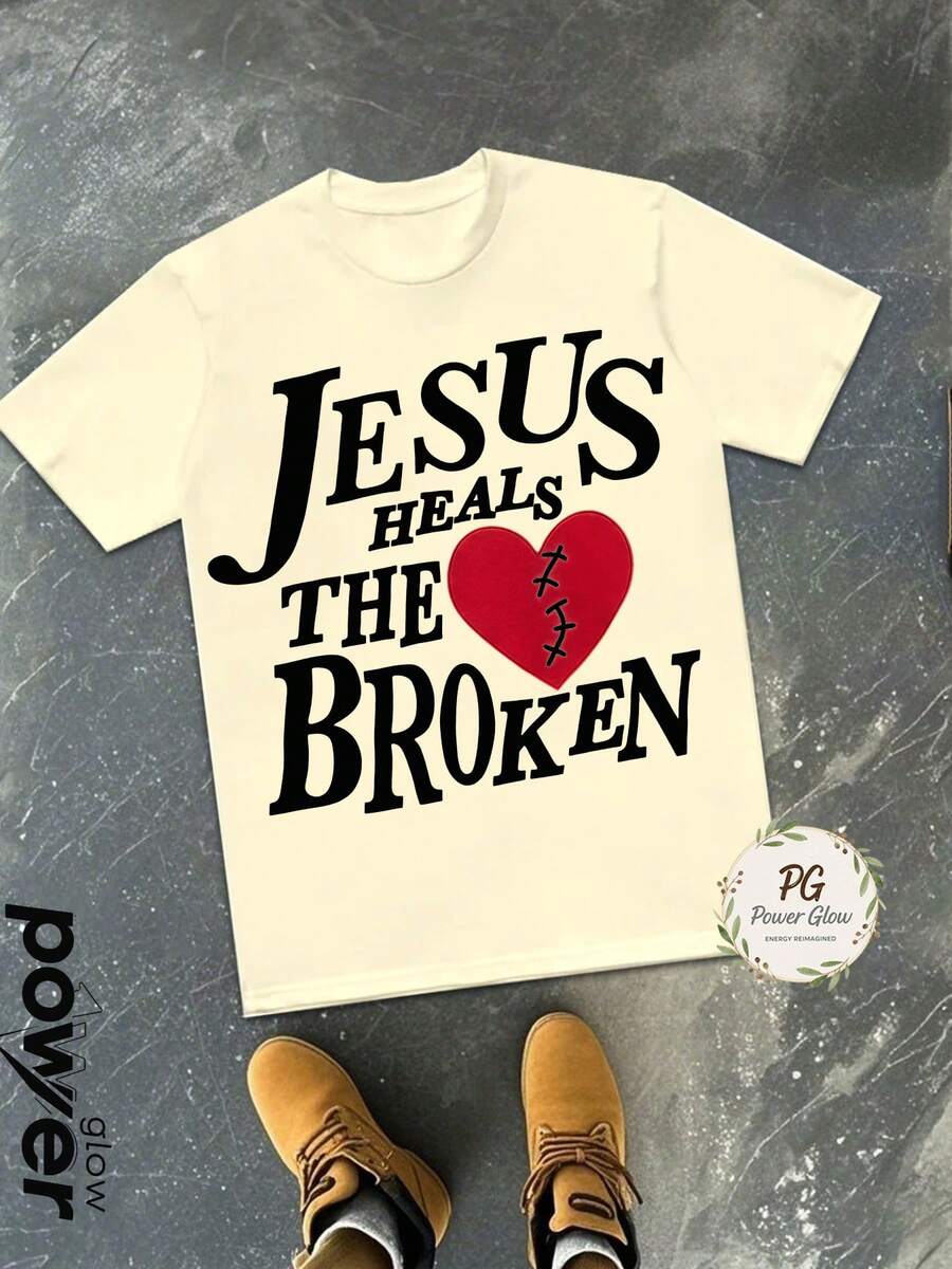 JESUS HEALS THE BROKEN Men's Graphic Tee Y2K,  Fashion Street Style Same Gender Design. It's A Pure Cotton Casual T-Shirt For Spring And Summer, With A Round Neck And Short Sleeves - Màu be - Xem 1