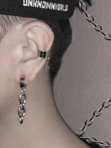 1PC/2PCS Stainless Steel Ear Hoop Chain Dangle Cross Earring Punk Style Ear Clip Ear Lobe Men's Earring Fashion Jewelry