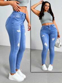 Pantalones vaqueros ajustados de tiro alto con rotos, tejido suave y elástico, estilo casual y versátil - Azul claro - Ver 1