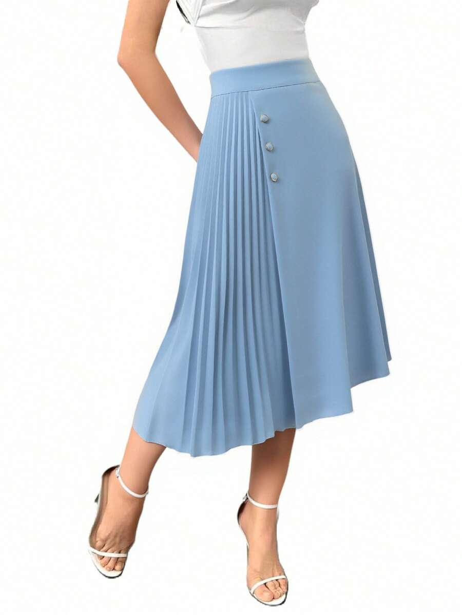 Steve Store Women's Fashion Elegant Patchwork A-Line Pleated Skirt With Simple Front Buttons - azul claro - 查看 1