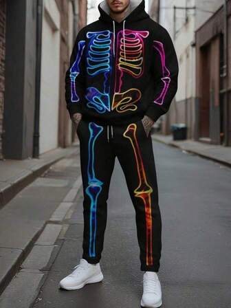 1 Set Tuta con cappuccio da uomo, felpa con cappuccio e pantaloni con stampa scheletro in colore neon, completo casual sportivo a 2 pezzi, adatto per uso quotidiano, all'aperto, sport, regalo per uomo, abbigliamento autunnale