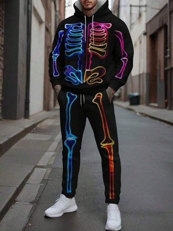 1 set survêtement à capuche pour hommes, sweat-shirt à capuche et pantalon imprimés squelette néon, ensemble casual sport 2 pièces, convient pour la rue, l'extérieur, le sport, cadeau pour homme, vêtements d'automne
