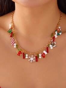 1 buc Lanț Reglabil din Aliaj cu Mărgele din Lut Polimeric, Colier cu Pandantiv de Crăciun cu Mai Multe Straturi, Moș Crăciun, Brad de Crăciun, Om de Zăpadă - Colier la Modă și Versatil pentru Femei, de Crăciun, Sărbători, Petrecere, Evenimente, Bijuterii Choker - Cadou (Culoare Aleatoare)