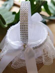 1 pezzo Cestino floreale bianco, cestino portapetali da sposa con fiocco in tessuto di pizzo, decorazione romantica e moderna per matrimoni, feste e utilizzo quotidiano, accessorio per danza