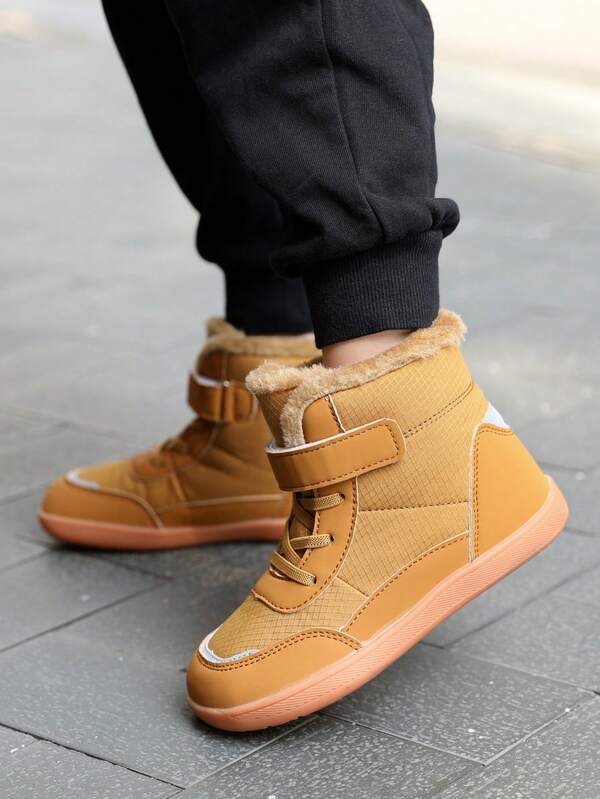 1 par de botas de invierno forradas térmicamente de unicolor y estilo de moda para niños, de piel sintética, cómodas y suaves con suela antideslizante y cierre, adecuadas para niñas y niños pequeños, para otoño/invierno