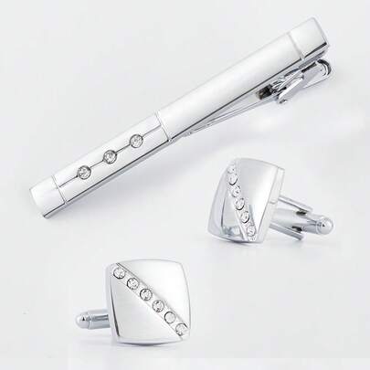 1 Set de Gemelos y Clip de Corbata de Hombre de Material de Cobre Minimalista Plateado con Circonita para Negocios