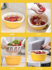 2-Layer Drain Basket, Kitchen Vegetable Fruit Washing Bowl, Draining, Storage, Cleaning - Multicolor - View 6
