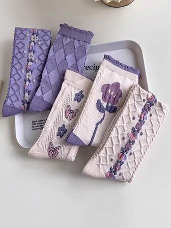 5 Pairs Of Taro Purple Women's Mid-Calf Socks, Japanese-Style Retro Purple Floral Long Calf Socks, Female Student Socks, Suitable For Spring, Autumn And Winter Christmas Gift