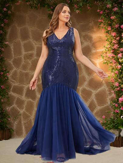 Women Plus Size Elegant Sequin & Mesh Patchwork Mermaid Formal Prom Dresses, Suitable For Party, Graduation, Stage Performance, Homecoming, Prom, Spring/Summer/Autumn/Winter