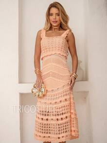 Women's Summer Midi Dress Crochet Knit Premium Lace Lined Thin Strap Elegant Party Beach Chic New Year's Eve Christmas - 珊瑚橙 - 查看 5
