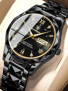 POEDAGAR 1件装时尚男士不锈钢防水夜光手表，带星期和日期显示功能，商务石英表，带表盒，休闲男士腕表，适合日常场合，男士礼物