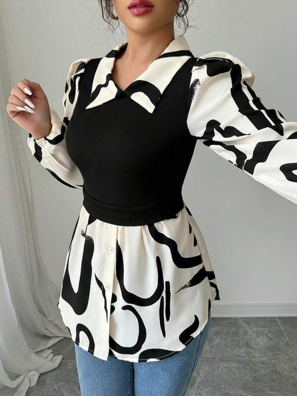 Langarm Hemdbluse mit Umlegekragen für Damen, Patchwork Shirt für Herbst, Winter und Frühling