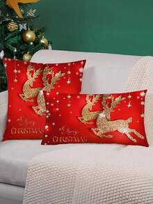 1/2/4 unidades Funda de cojín navideño con renos dorados y estrellas - 45x45 cm, de poliéster rojo con cierre de cremallera para decorar el sofá y el sillón - Rojo - Ver 5