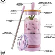 - Vasos de vidrio con tapas y pajitas de 20 onzas lquidas, tamao perfecto, taza de caf helado, taza de licuado con tapa de bamb y tapa sobre la marcha, vaso de vidrio con pajita 1 - 20 onzas + Rhapsody lila - Ver 3