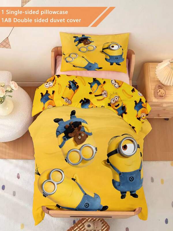 Minions 1/2 Stücke Minions Thema 3D Bettwäsche Set, doppelseitiger Muster (1 einseitig bedruckter Kissenbezug + 1 doppelseitig bedruckter Bettbezug), Set für Kinderzimmer/Kindergarten, digital bedruckter süßer Musterkomfortbezug, Kinderbettbezug und Kissenbezug für Kleinkinder, Babys, Säuglinge, Kinder 33 * 45 Kissenbezüge können separat verkauft werden, kombiniert mit Brillen, Bananen und anderen Elementen, der Stil ist lebhaft und süß