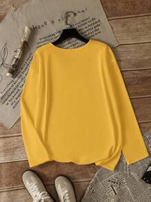 女式宽松休闲 V 领长袖 T 恤，纯色，春秋季