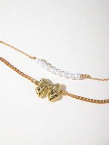 2pcs Gold Vintage Coin Style CCB Faux Pearl Beaded Bow Bracelet Set For Women, Suitable For Party, Gathering, Gift (Faux Pearl Quantity & Size Varies)