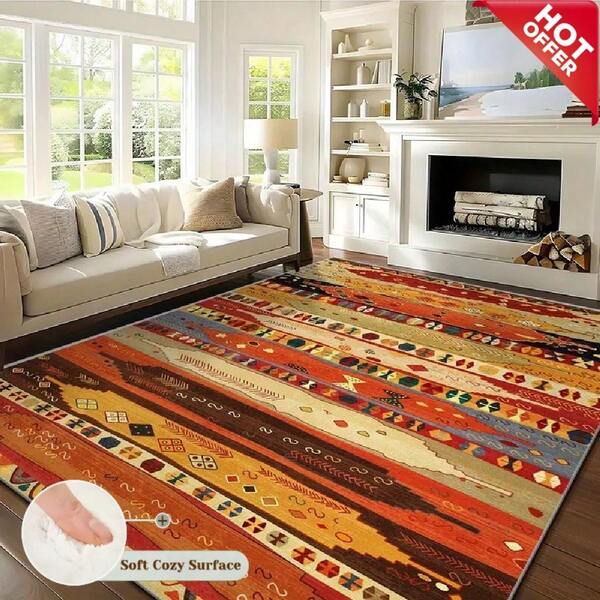 Ein großer Teppich im orangefarbenen Bohemien-Stil Devore Samt, mit dem Premium-Modell, das aus hochwertigem, verdichtetem Material besteht. Verziert mit personalisierten geometrischen Mustern, ergänzt dieser luxuriöse Teppich verschiedene Wohnstile perfekt. Küchenteppich