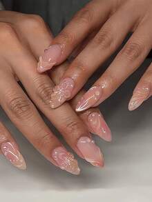 A Set Of 24 Almond-Shaped Press-On Nails In Pink With 3D Floral And Bubble Bead Designs, Suitable All Women. Parties, Celebrations, And Everyday Wear, Comfortable, Easy To Apply, And Long-Lasting. Comes With Glue And A Nail File To Enhance Your Fingertips' Beauty. Nail Supplies Nails - 淺粉色 - 查看 3