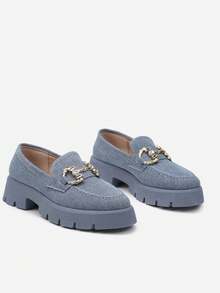 Chunky Platform Loafers With Chain Detail, Women's Casual Spring/Fall Shoes - Navy Blue - View 5