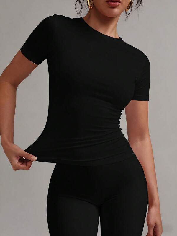 XLLAIS 2025 Small Round Neck Short Sleeve Black Summer Tops Solid Basic Skinny Sport Fit Women Casual T-Shirt