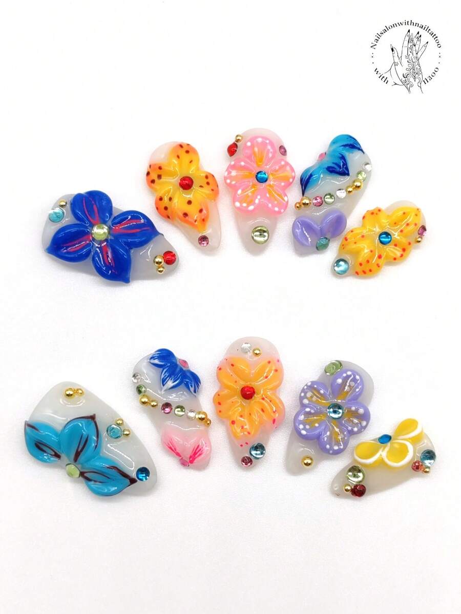 10 piezas de uñas postizas de prensado a mano puro, uñas con forma de almendra de 25 mm de largo, uñas beige, múltiples colores diferentes y diferentes formas de flores en relieve, decoración de piedras de colores caramelo, artesanía pesada. Estilo de verano y otoño, pieza de uña linda. Es adecuado para el ocio diario y las vacaciones, y para usarlo en bailes, banquetes, fiestas, espectáculos y otras actividades.