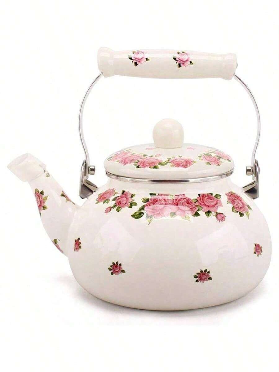 Tea Kettle Pot Stove Top, Porcelain Large Enamel Teakettle, 2.5L Colorful Teapot Floral Ceramic Stovetop, Retro Classic Design Pink Flower - 2.4L - Pink Flower-2.4L - View 1