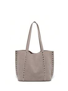 Black High Capacity Commuter Handbag, Women's Fashion Rivet Decor Shoulder Bag Unique Element Elegant Suede Design Handbag, Suitable For Dates, Daily, Shopping, Beach Vacation And Various Occasions (With Small Pouch Included) - Grey - View 6