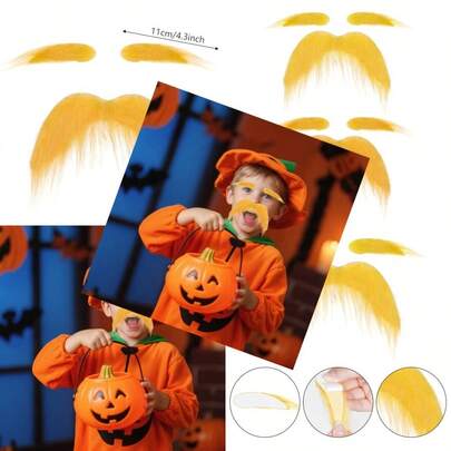 2 Set Yellow Fake Mustache and Eyebrows Set Self Adhesive Fake Eyebrows Novelty Beard for Halloween Cosplay