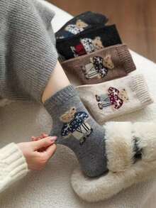 5 Pairs Autumn/Winter Cute Cartoon Bear Soft Warm Mid-Calf Slouch Socks, Sweet Preppy Style, Random Assortment - Multicolor - View 4
