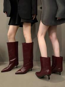 Fall/Winter French Blogger Style Pointed Toe Thigh High Boots, Ins Nordic Kitten Heel Equestrian Boots For Women,Kitten Heel Boots,Party - Burgundy - View 2