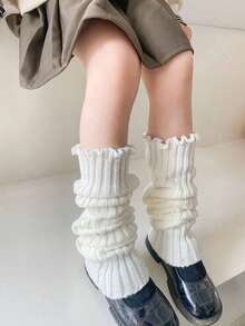 2 双/4 双儿童/青少年针织腿套，罗纹脚踝腿套，保暖腿套，秋冬时尚纯色，白色、黑色、卡其灰色，荷叶边，适合日常穿着和礼物